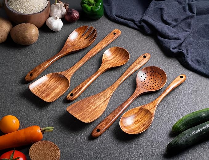 New Kitchen 6 Piece Wooden Spoons for Cooking - Smooth Finish Teak Kitchen Utensils Set - Non-Stick Wooden Spatula Perfect Kitchen Essential and Gift - Long Wooden Spoon Sets