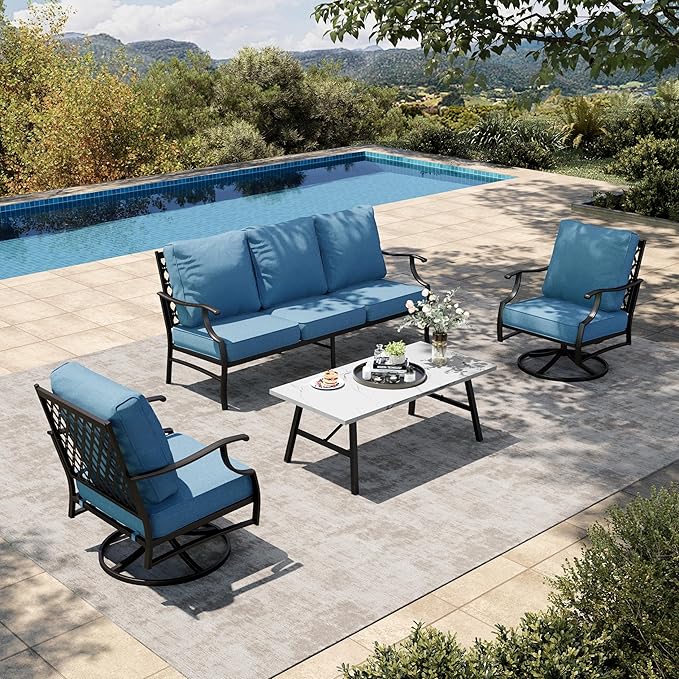 HERA'S HOUSE 4 Piece Patio Furniture Set, 2 x Swivel Cushioned Chair, 3-Seat Sofa with Marbling Coffee Table, All Weather Outdoor Conversation Set for Lawn Garden Backyard, Navy Blue