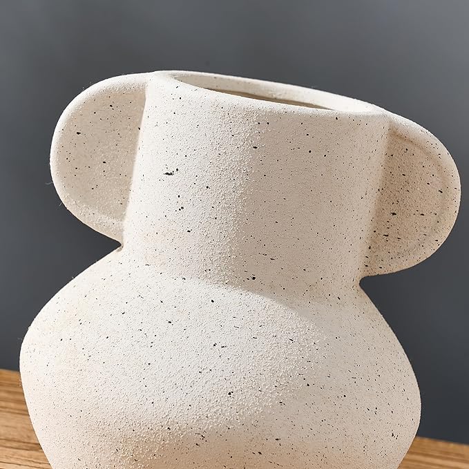 Antique Ceramic Vase with 2 Handles, 6.1 Inch Farmhouse Rustic Vase, Small Decorative Pottery Flower Vases for Home Decor, Wedding, Living Room, Table, Shelf Decor, Speckled White