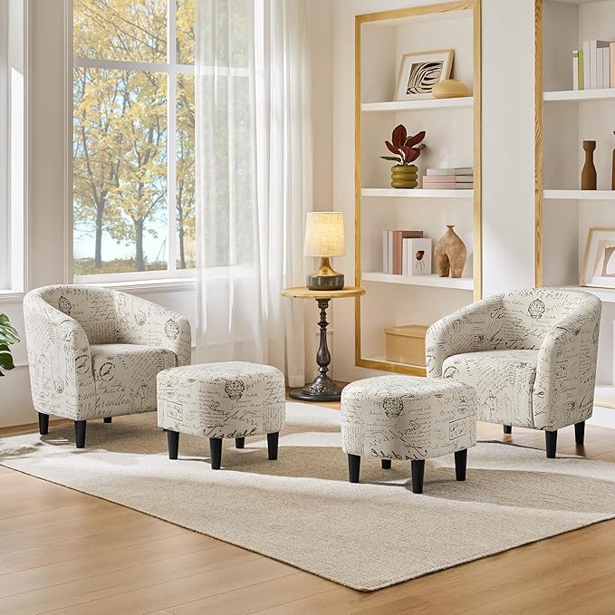 Yaheetech Accent Chair with Foot Rest, Mid Century Modern Upholstered Soft Barrel Chair, Comfy Fabric Armchair and Footrest Set for Living Room/Bedroom/Reading Room, Set of 2 Letter Print