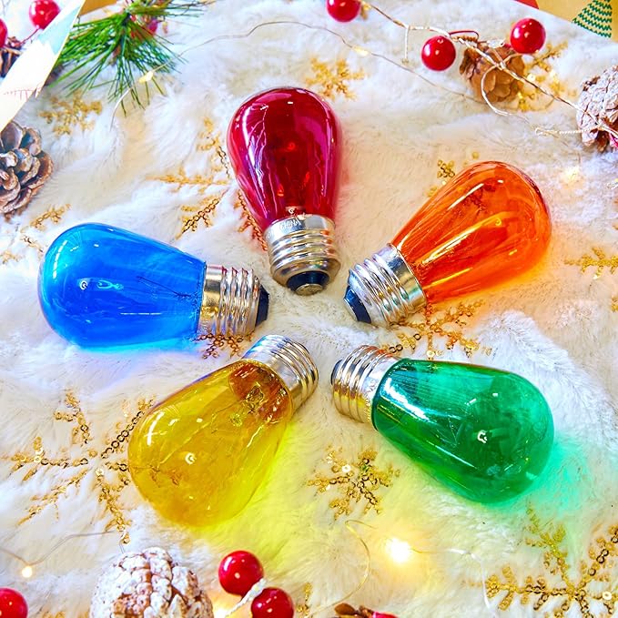 S14 Christmas Replacement Light Bulbs, 50 Pack Glass Edison Vintage Bulbs, 11 Watt, E26 Medium Base, Waterproof Commercial Christmas Bulbs for Indoor Outdoor Home Patio Garden Decoration, Multicolor