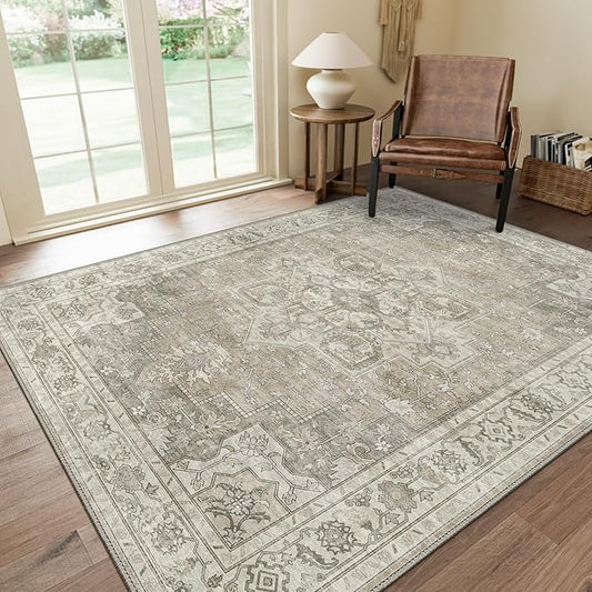 GENIMO 9x12 Area Rugs for Living Room, Non Slip Machine Washable Vintage Rugs, Low Pile Lightweight Chenille Print Large Rug for Bedroom, Dining Room, Home Office, Trench