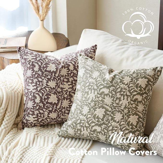 Floral Throw Pillow Covers 18x18 Farmhouse Block Print Pillow Covers Decorative Pillow Covers Couch Pillows for Living Room Vintage Accent Sofa Pillows Set of 2, Burgundy