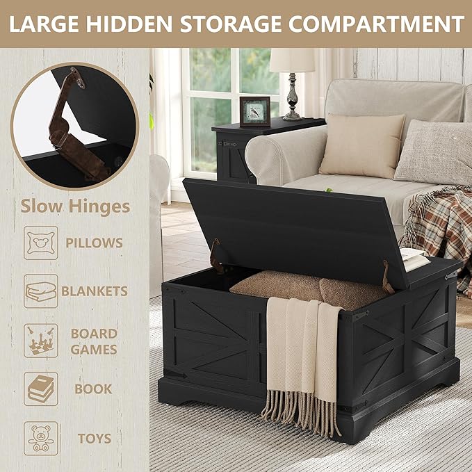 Furnideco Farmhouse Lift Top Coffee Table, Square Wood Center Table with Large Hidden Storage Compartment for Living Room, Rustic Cocktail Table with Hinged Lift Top for Home, Black