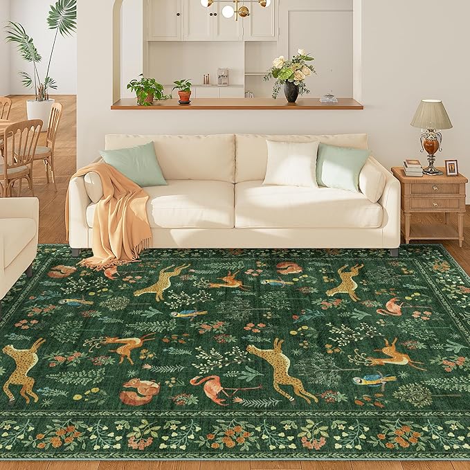 DUKINO 6x9 Rug, Washable Animal Living Room Rug with Non Slip Vintage Design, Soft Low Pile Large Carpet for Bedroom, Nursery, Dining Room, Farmhouse, Playroom, Green