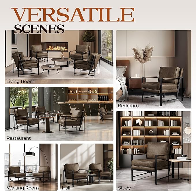 Yaheetech PU Leather Armchair, Retro Leisure Accent Chair with Extra Soft Padded and Cushion, Modern Reading Arm Chair with Black Metal Frame for Living Room/Office/Bedroom/Study, Brown