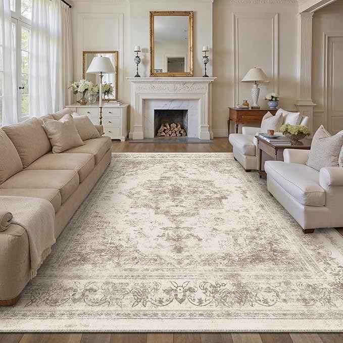 Area Rug 10x14 Beige Washable Living Room Carpet Non Slip Vintage Medallion Indoor Bedroom Carpet Low Pile Soft Retro Distressed Large Rug Home Office Dining Room Playroom