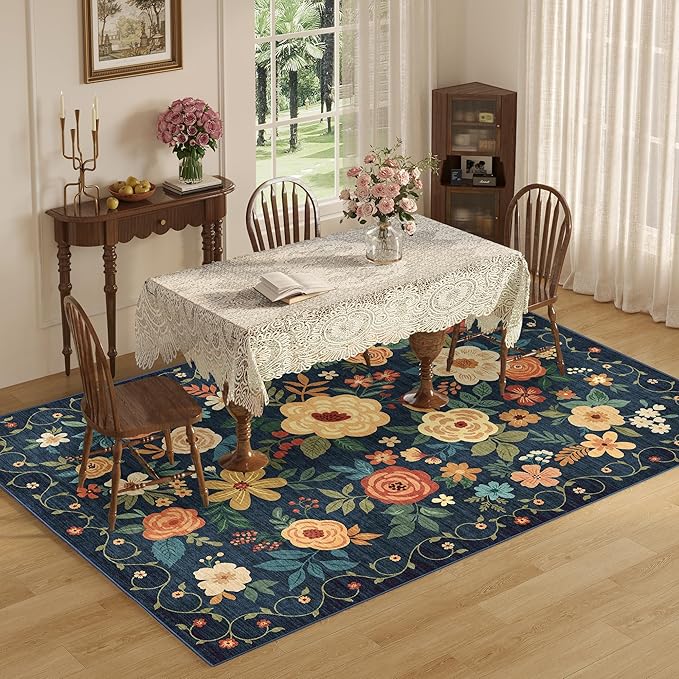 DUKINO 8x10 Area Rug, Floral Rugs for Living Room, Lightweight Non Slip Washable Rug, Indoor Low Pile & Non-Shedding Boho Design Rugs for Bedroom, Living Room, Dining Room, Dark Blue