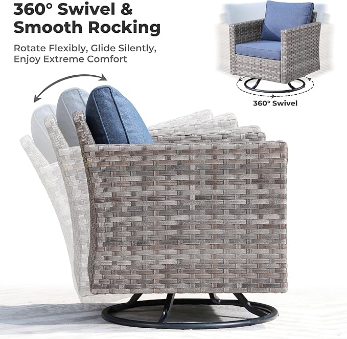 ovios 10 Pieces Patio Furniture Set, Outdoor Wicker Sectional Sofa with 42" Fire Pit Table Swivel Chairs, Modern Modular Deep Seat Rattan Couch Conversation Sets, Denim Blue