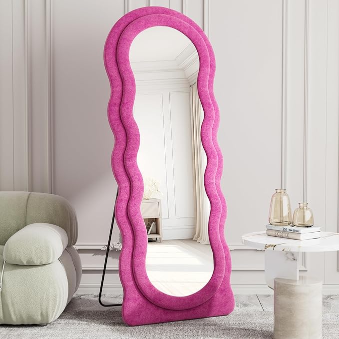 Full Length Mirror, 63"x24" Wavy Floor Mirror, Arched Standing Mirrors Full Length, Cloud Shaped Flannel Wall Mirror, Dressing Body Mirrors Hanging or Leaning Against Wall for Bedroom (Pink)