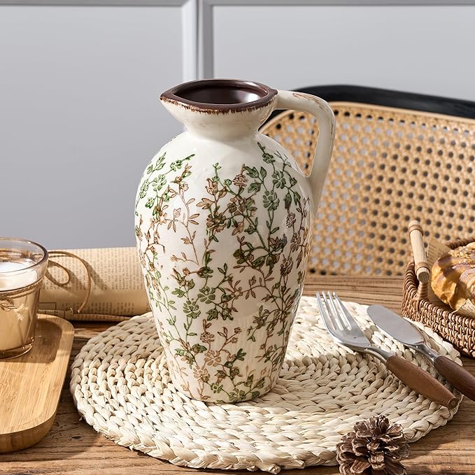 Green and Beige Antique Vase, 8.9 Inch Vintage Chinoiserie Floral Vase, Rustic Ceramic Vase for Home Decor, Living Room, Bookshelf, Office, Entryway, Garden, Chinoiserie Decor, Tuscan Decor