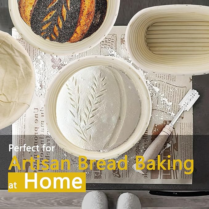 Round & Oval Rattan Banneton Basket Gift Kit with Accessories - Sourdough Bread Proofing Supplies (9" & 10", Liners, Scrapers, Lame) Natural for Home Bakers