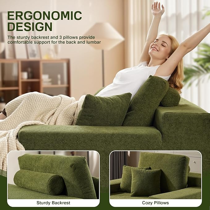Chaise Lounge Chair Indoor, 67" Oversized Comfy Cloud Velvet Sleeper Sofa Bed, Boneless Upholstered Recliner Bed with Pillows and Wide Armrests, Modern Cloud Couch for Living Room, Green
