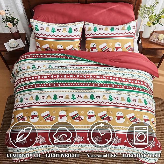 Bonlino Christmas King Comforter Set - 4 Pieces Fluffy Bedding, Farmhouse Boho Lightweight Xmas Red Striped Comforter for King Size Bed