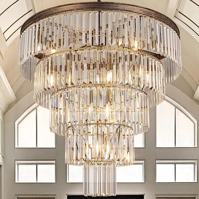 TOCHIC Large Crystal Chandelier for High Ceiling, 40 inch 7-Tier Modern Black Crystal Chandeliers Lighting Fixture, Round Light for Entryway Staircase Foyer Living Room (Bronze, 31.5 Inches)