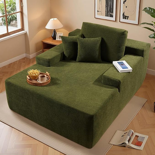 Chaise Lounge Chair Indoor, Oversized Sleeping Couch 67" L * 48.5" W Assembly Free Modern Minimalist Sofa, Extra Deep Large Single Seat Sofa for Living Room (Green Velvet Fabric)