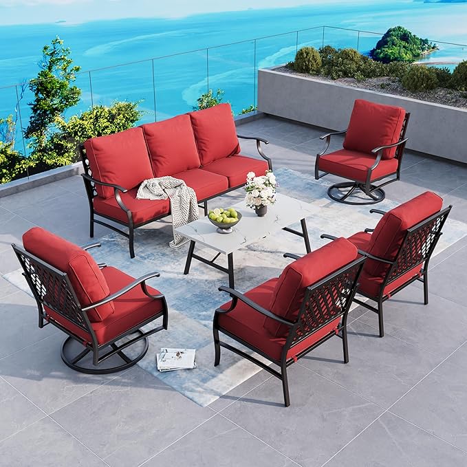6 Piece Metal Outdoor Patio Furniture Set, Patio Conversation Sets 1 3-Seater Sofa, 2 Swivel Chair, 2 Leg Chair with 5.75" Thick Cushion and Coffee Table, Backyard Furniture Set, Red
