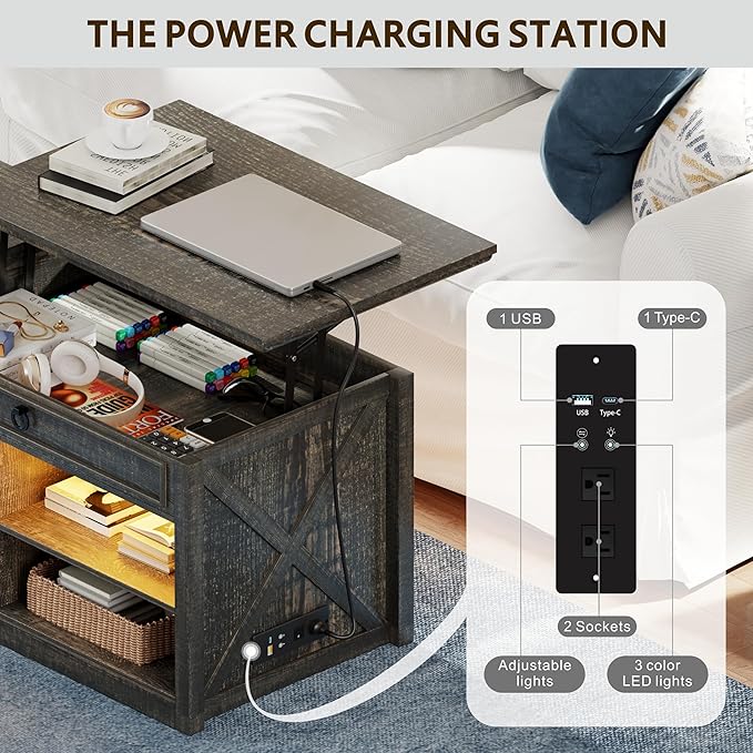 Lvifur 48" W Farmhouse Lift Top Coffee Table with LED Lights & Charging Station, Living Room Center Table with 2 Hidden Storage Compartments, Lifting Tabletop and Adjustable Shelf (Dark Rustic Oak)