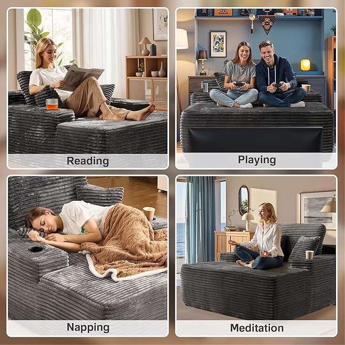 Chaise Lounge Chair Indoor, 67" Oversized Comfy Plush Fur Sleeper Sofa Bed with Cup Holders and Wide Armrests, Boneless Upholstered Recliner Bed, Modern Cloud Couch for Living Room, Grey