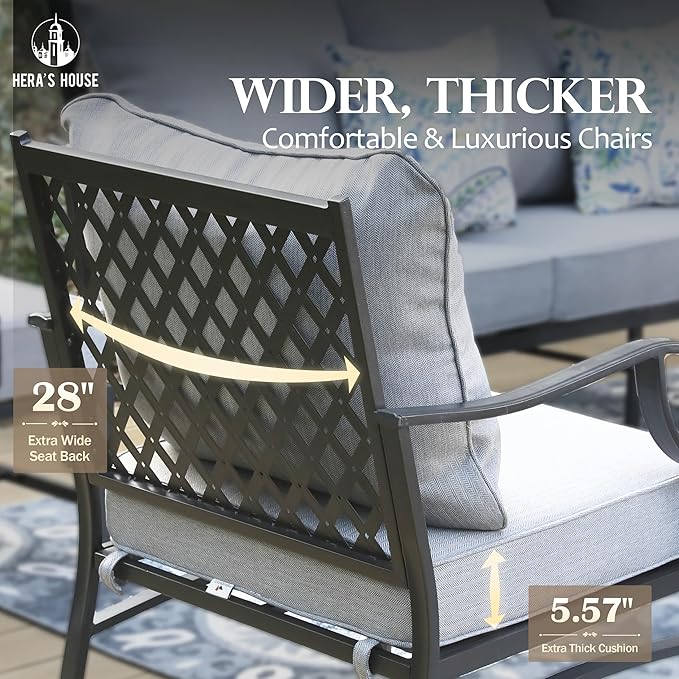 HERA'S HOUSE 4 Piece Patio Furniture Set, 2 x Rocking Metal Frame Cushioned Chair, 3-Seat Sofa with Marbling Coffee Table, All Weather Outdoor Conversation Set for Lawn Garden Backyard, Grey