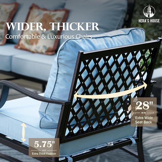 HERA'S HOUSE 6 Piece Patio Furniture Set, 2 x Metal Cushioned Chair, 2 x Cushioned Ottoman, 1 x 3-Seat Sofa with Marbling Coffee Table, Outdoor Conversation Set for Lawn Garden Backyard, Blue