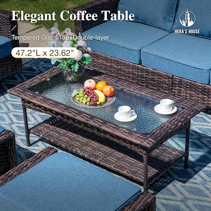 Luxury Patio Furniture Set with 5.5" Thick Cushion, Outdoor Seating Furniture, High Back Swivel Chairs with Tempered Glass Table, Wicker Conversation Sofa Set for Deck Lawn Deck Yard, Blue