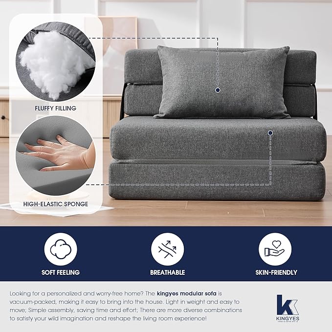 KINGYES 4 in 1 Foldable Sofa Bed, Modern Folding Sleep Chair with Back Cushion, Convertible Chair Sleeper, Grey
