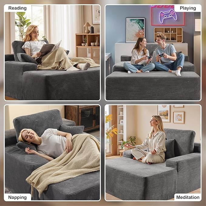 Chaise Lounge Chair Indoor, 67" Oversized Comfy Corduroy Sleeper Sofa Bed, Boneless Upholstered Recliner Bed with Pillows and Wide Armrests, Modern Cloud Couch for Living Room, Grey