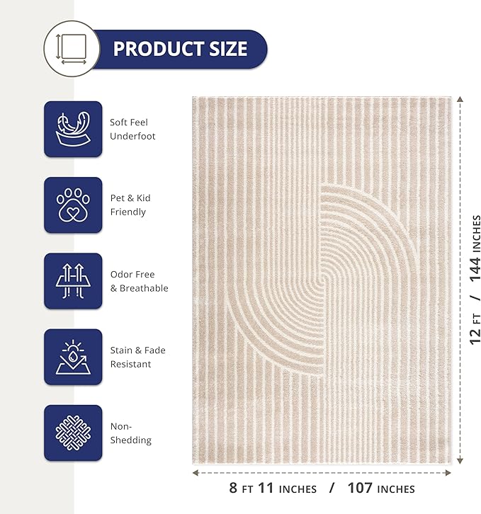 Abani Area Rug for Living Room -Nuevo 9' x 12' Beige Arch Pattern Area Rug, Soft and Durable Living Room Rug, Stain and Fade Resistant, Chic Modern Design, Pet & Kid Friendly