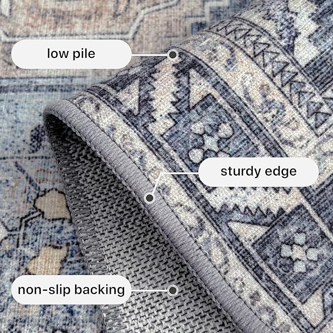 GENIMO 6x9 Area Rugs for Living Room, Machine Washable Non Slip Vintage Rugs, Low Pile Lightweight Chenille Print Rug for Bedroom, Dining Room, Home Office, Brown Blue