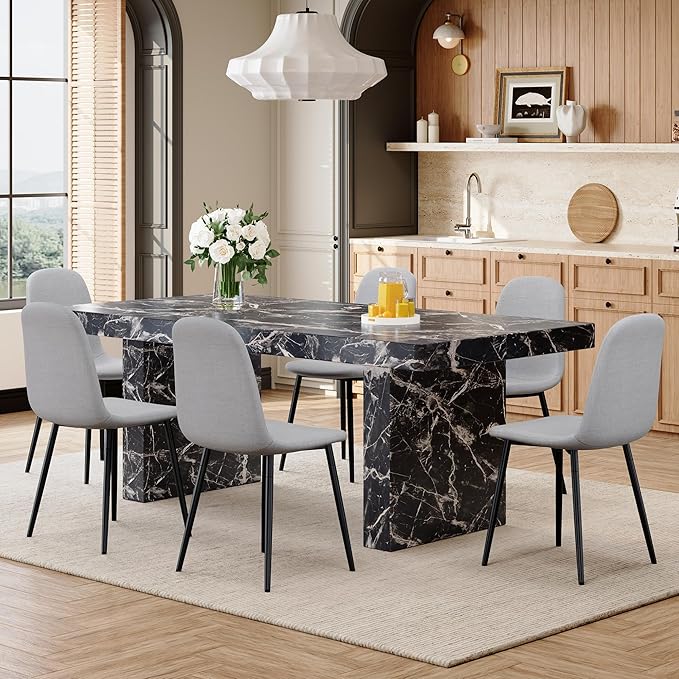 Marble Dining Table Set 79" ｜Modern Dining Table Set with 6 Linen Chairs｜Engineered Wood with Marble Pattern Tabletop｜Widened and Stable Tablelegs｜Easy Assembly