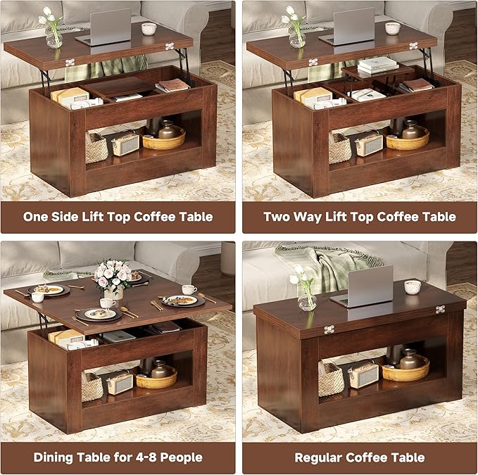40" Lift Top Coffee Table, 4 in 1 Multi-Function Lift Coffee Table with Storage and Hidden Compartment, Convertible Coffee Tables to Dining Table for Living Room, Walnut
