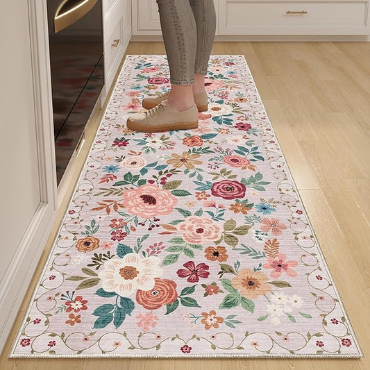 DUKINO Runner Rug, 2.6x8 Kitchen Runner Rug for Hallway with Non Slip Backing, Washable Low Pile Soft Boho Floral Carpet for Hallway, Kitchen, Entryway, Laundry, Bedroom, Beige