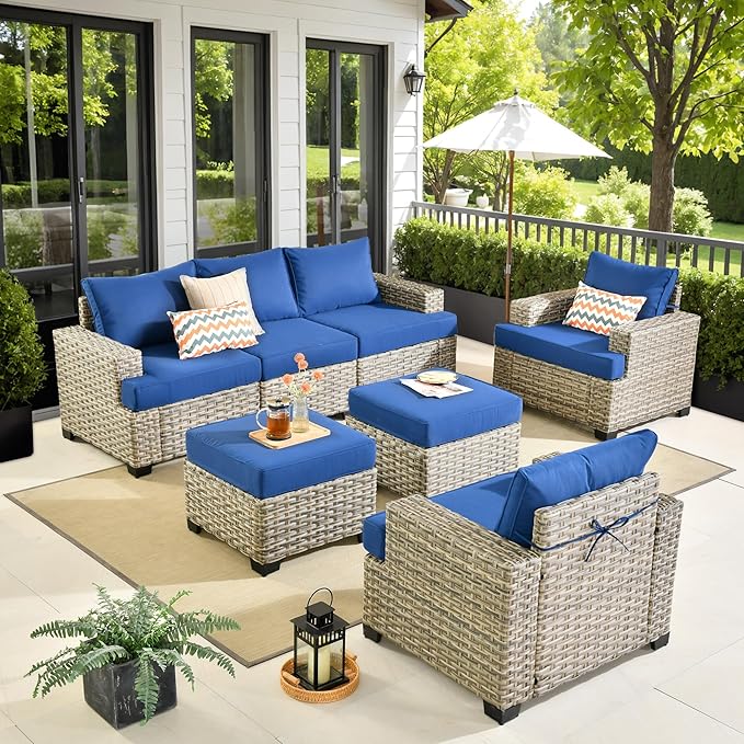 HOOOWOOO Outdoor Sectional Patio Furniture Set,7 Pieces Wicker Conversation Sets,Extra Deep Out Door Sofa Outside Furniture Couch with Ottoman,Navy Blue