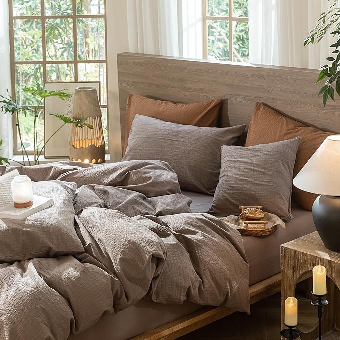 MooMee Wavy Striped Duvet Cover Set 100% Washed Cotton Linen Like Textured Breathable Durable Soft Comfy (Brown, Queen 90"x90")