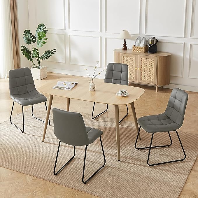 55.1'' Natural Wood Dining Table Set for 4 with Leather Chairs - Easy Assembly 4-Piece Kitchen Table and Chair Set, Scratch-Resistant Waterproof Surface (Modern Farmhouse Style)