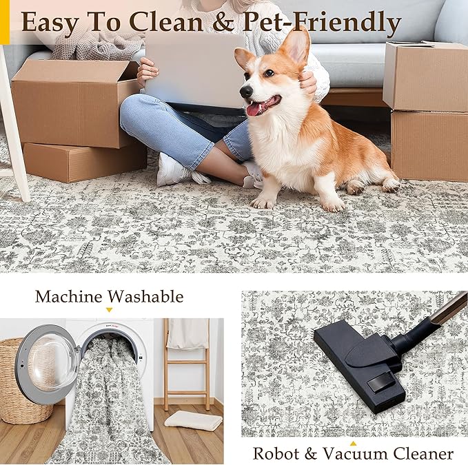 Black Area Rug 5x7 Machine Washable Vintage Living Room Distressed Non Slip Carpet Traditional Indoor Bedroom Retro Floral Accent Throw Large Rug Office Kitchen Bathroom Dining Room