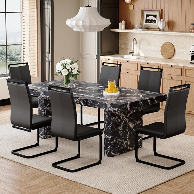 79" Marble Dining Table Set｜Modern Dining Table Set with 6 Faux Leather Chairs｜Engineered Wood with Marble Pattern Tabletop｜Widened and Stable Tablelegs｜Easy Assembly