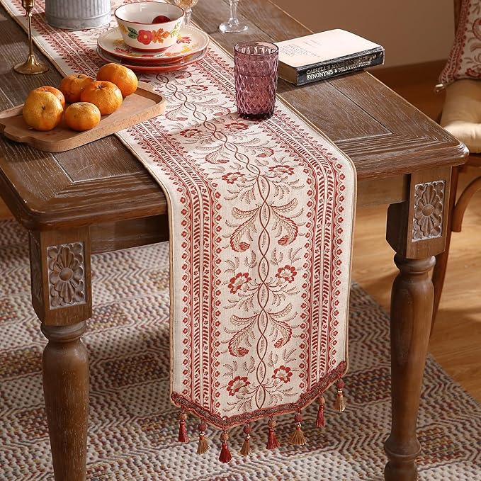 ISAENNE Designer Vintage Linen Table Runner 87 Inches Long,Red Floral Pattern Modern Decor Table Runners for Dining Tables,Thanksgiving,Kitchen Tables,Christmas,Banquet,12"*87"-Chamonix A