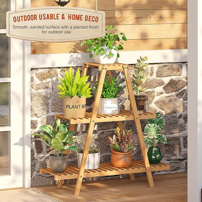 Plant Stand Indoor Plant Shelf Outdoor bamboo Plant Rack, 3 Tiers Ladder Plant Holder Flower Stand for Living Room Balcony Garden Patio,Living Room Boho Home Decor for Gardening Gifts (Natural)