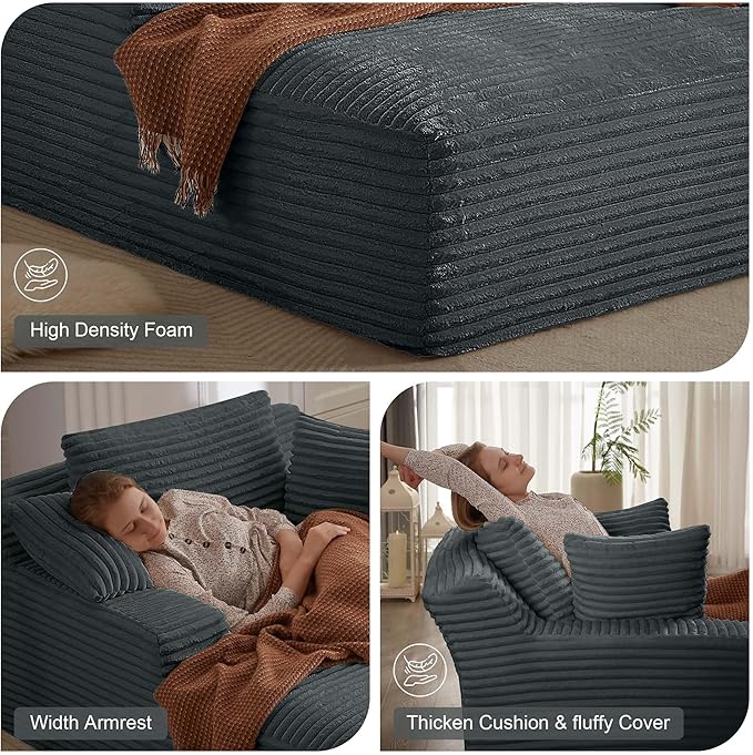 GNIXUU Oversized Chaise Lounge Chair Indoor, Comfy Fluffy Boneless Lounge Sofa Upholstered Sleeper Sofa Couch with Throw Pillows and Armrests, Corduroy Plush Chair Bed for Living Room, Gray