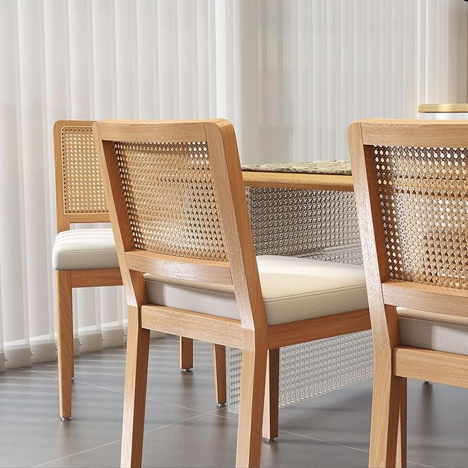 LukeAlon Farmhouse Rattan Dining Chairs Set of 4, Mid Century Modern Chenille Kitchen & Dining Chairs with Solid Wood Legs, Woven Cane Upholstered Kitchen Chairs Side Chairs for Dining Room, White