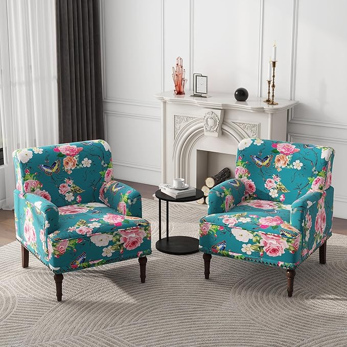 Modern Accent Chair with Arms,2 Set Mid Century Stripe Armchair for Living Room,Comfy Linen Fabric Single Sofa for Apartment Bedroom,Comfortable Cushioned Seat for Reading Home Office-Floral Stripe