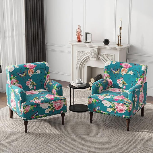 Modern Accent Chair with Arms,2 Set Mid Century Stripe Armchair for Living Room,Comfy Linen Fabric Single Sofa for Apartment Bedroom,Comfortable Cushioned Seat for Reading Home Office-Floral Stripe