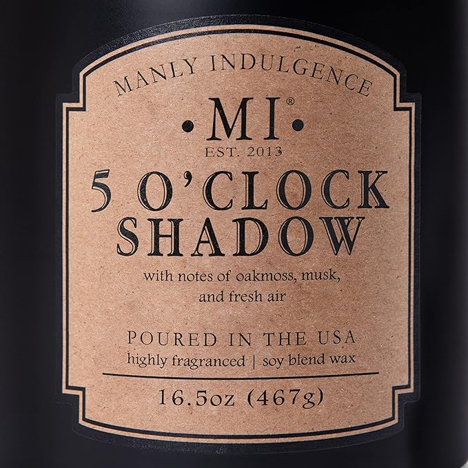 Manly Indulgence 5 O'Clock Shadow Scented Candle for Men 16.5 oz | 2 Wick & 2X Intense Fragrance | Oakmoss, Musk & Fresh Air | Up to 60 Hour Burn, Soy Blend Wax, USA Poured, Black