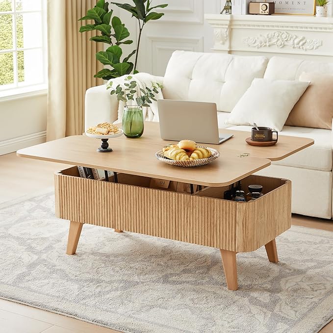 3 in 1 Lift Top Coffee Table, Fluted Convertible Coffee Tables Converts to Dining Tables, Modern Oval Wooden Center Table with Storage for Living Room Office Small Space, Partial Assembly (Natural)