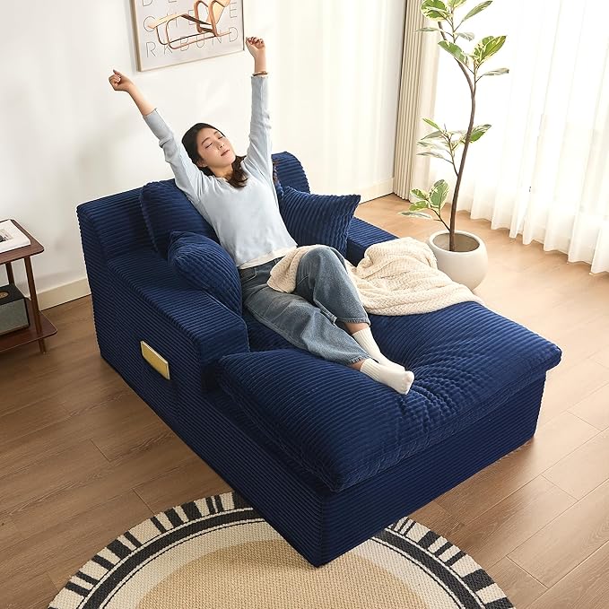 63" Oversized Chaise Lounge Chair Indoor, Extra Cloud Layer, Convertible Sleeper Sofa Couch with Removable Pillows & Side Pockets, Corduroy Upholstered Sofa Bed with Armrests for Living Room, Blue