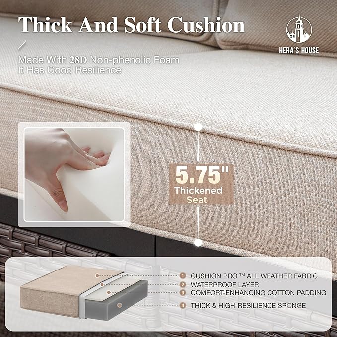 HERA'S HOUSE 4 Piece Patio Furniture Set with 56" Fire Pit Table, 2 x Swivel Cushioned Chair, 1 x 3-Seat Sofa, 5-Seats Outdoor Conversation Set for Lawn Garden Deck, Beige