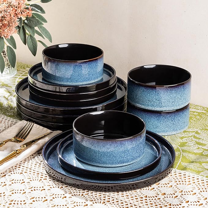 LERATIO Ceramic Dinnerware Sets for 4,Round Reactive Glaze Ceramic Plates and Bowls Set,Highly Chip and Crack Resistant | Dishwasher & Microwave Safe Dishes Set,Service for 4 (12pc)-Blue