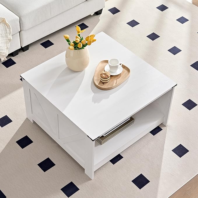 Farmhouse Coffee Table for Living Room, Wood Square Coffee Tables, 31.5" W x 31.5" D, White